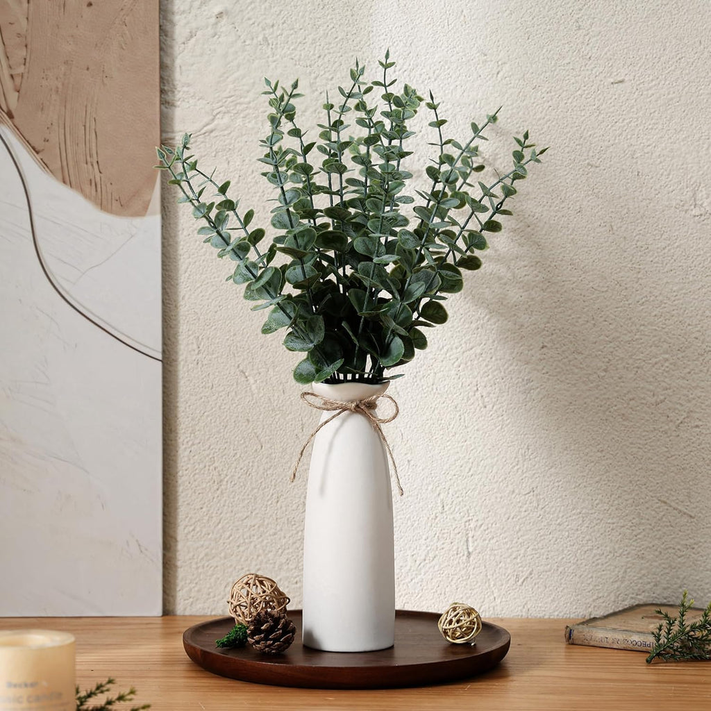 2 Pack Artificial Eucalyptus Stem in White Ceramic Vase 19" Fake Greenery Plants Decor 40 Pcs Modern Indoor Fake