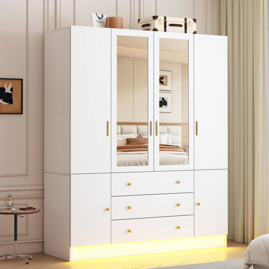 4 Doors LED Armoire Wardrobe Closet with Mirror, 75" Tall Modern Wooden Wardrobe Closet with 3 Drawers, Freestanding