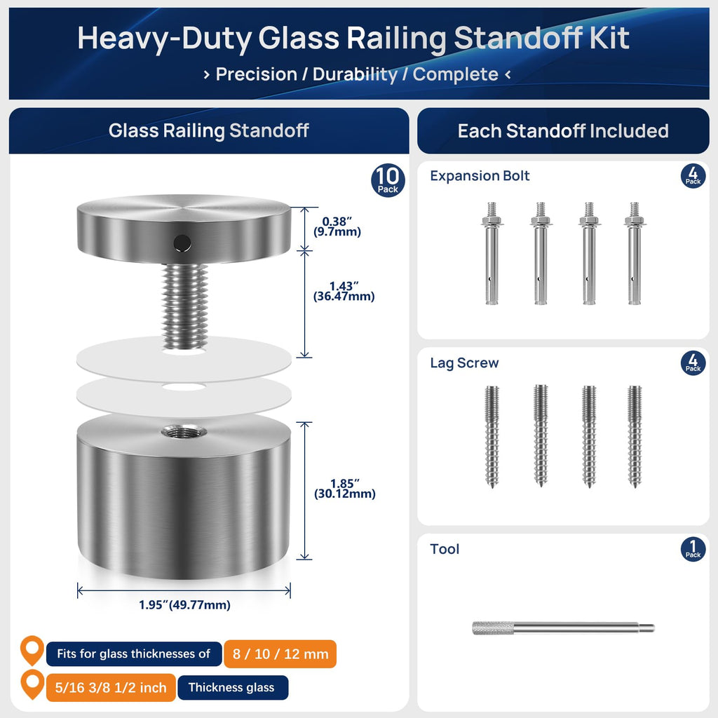 10 Pack Marine-Grade SS316 Solid Heavy Duty Glass Railing Standoff