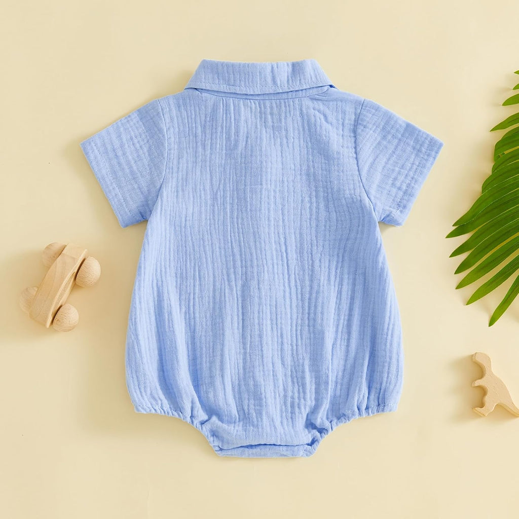 Summer Newborn Baby Boy Cotton Linen Romper Short Sleeve Button Down Jumpsuit Romper One Piece Outfit