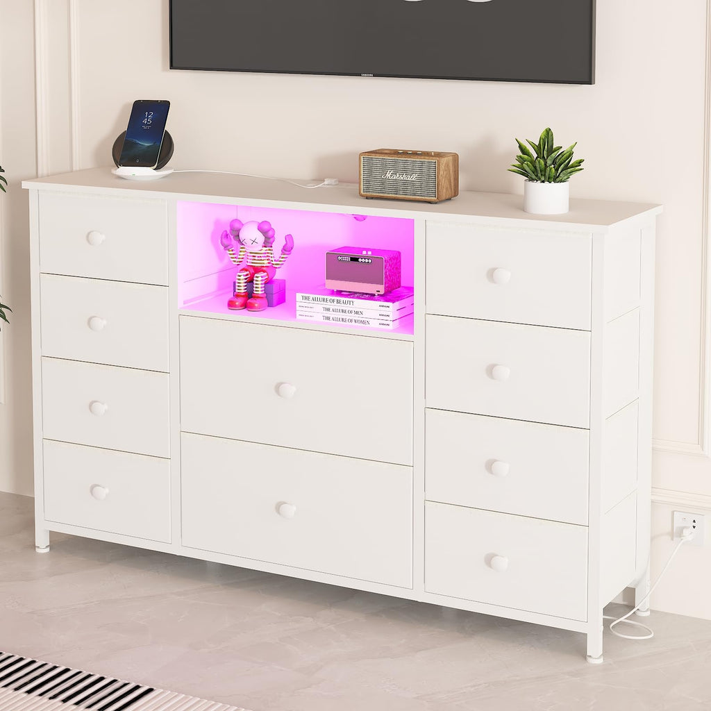 Dresser with Charging Station and LED Lights, White Dresser