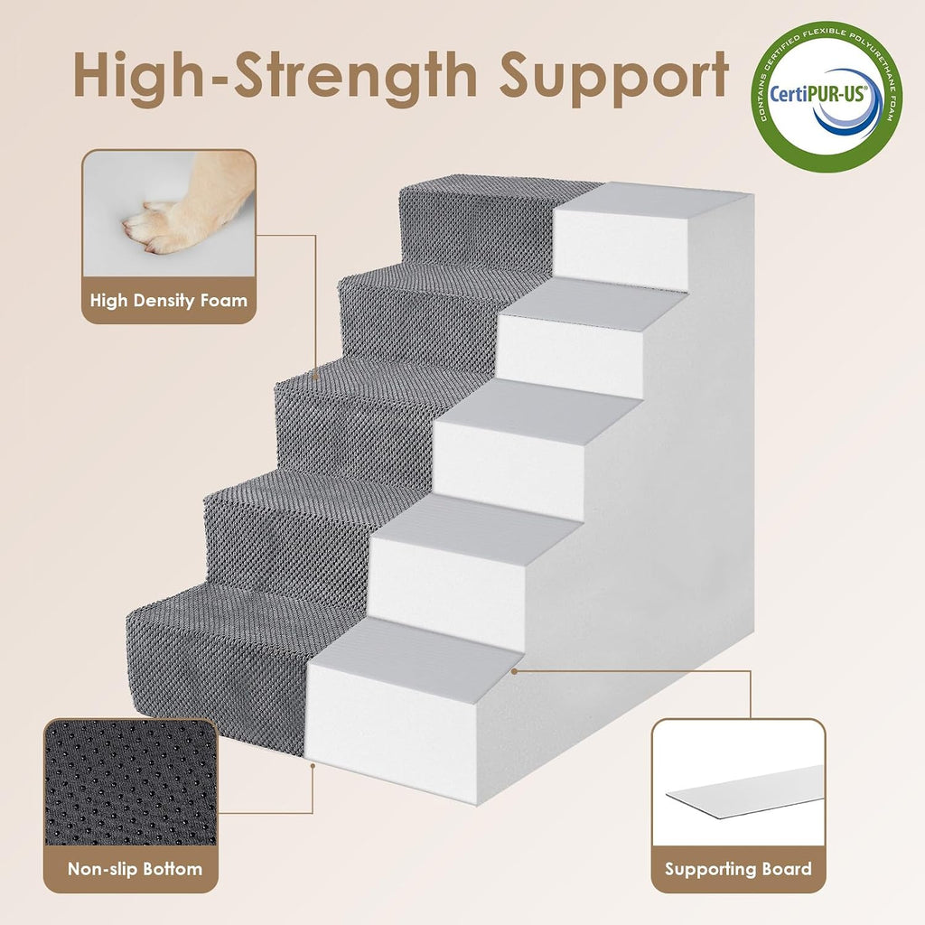 Dog Stairs for High Bed 25" H, Extra Wide Dog 5-Step, Grey