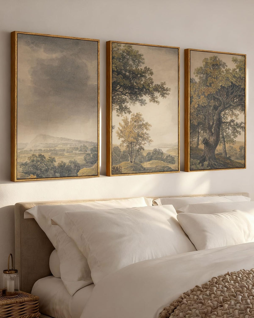 Vintage Nature Landscape Framed Canvas Wall Art Set of 3, Beige Brown 16x24 Triptych Tree Mountains Sky Scenery