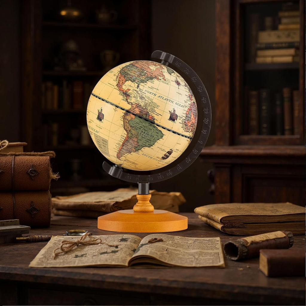 6" World Globe, Mini Antique Globe with Metal Stand, Non-slip Wooden Base & Geographic Markings, Decorative Desktop