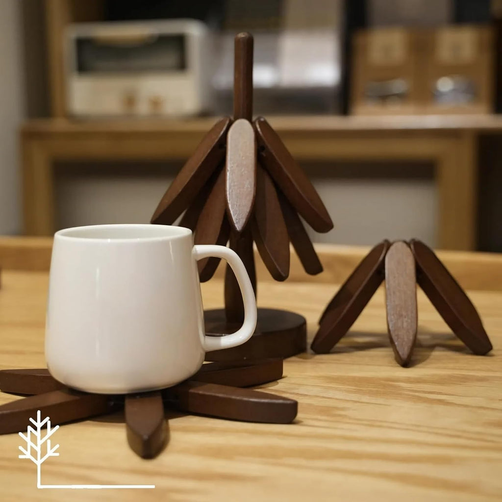Artisanal Wooden Coasters Trivets Set - Foldable Wooden Tree Trivet with 4 Coasters & Stand - Heat Resistant Hot - Set of 4