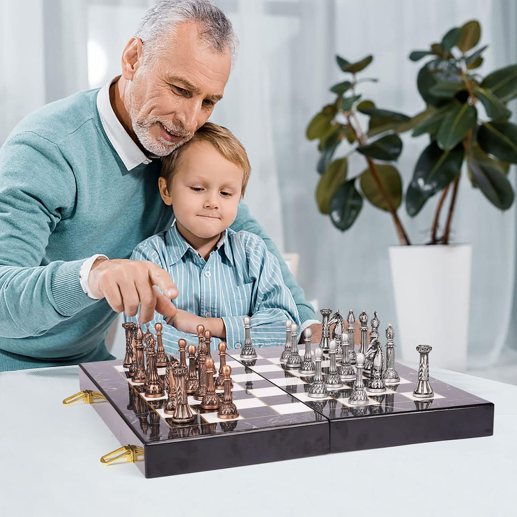 Retro Metal Chess Set for Adults and Kids - Marbling Chess Board with Chess Pieces - Travel Chess Set with Metal - Set of 32