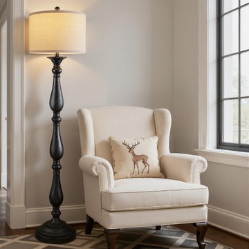 Vintage Floor Lamp, Rustic Farmhouse Standing Lamp with Rotary Switch and Linen Shade, Retro Resin Floor Lamp