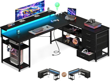 61 Inch L Shaped Computer Desk with 4 Drawers, LED Lights, Black | Power Outlets, Adjustable Monitor Stand, Open