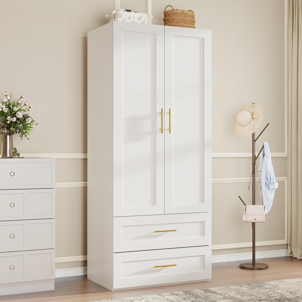 White Armoire Wardrobe Closet with 4 Drawers, 75" Tall x 63" Wide