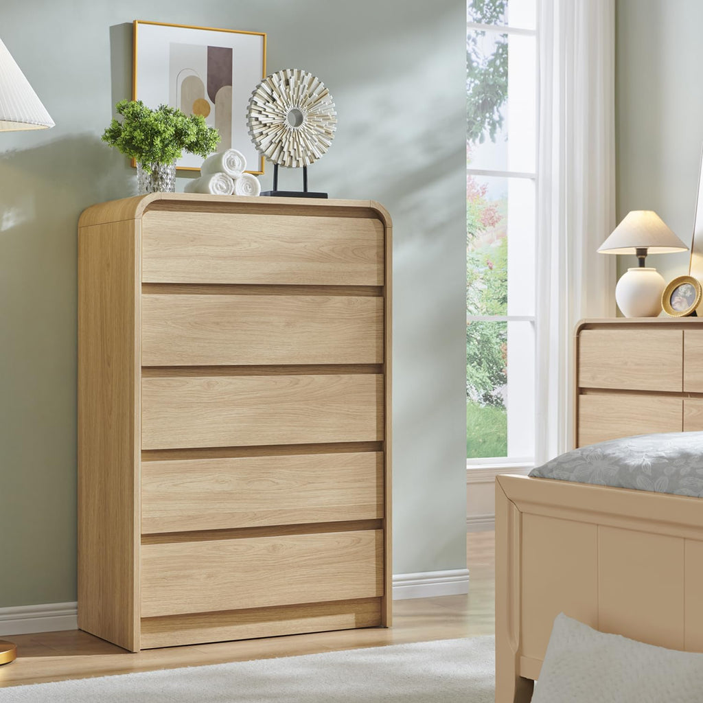 Modern 5 Drawers Dresser, 45" Tall Dresser, Natural Oak