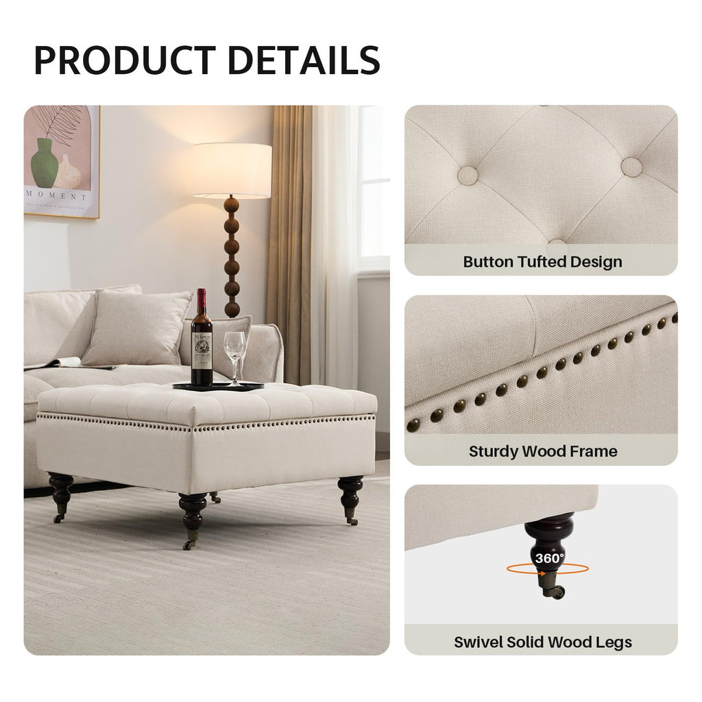 Large Square Storage Ottoman Uphlostered Tufted Button Coffee Table, Beige
