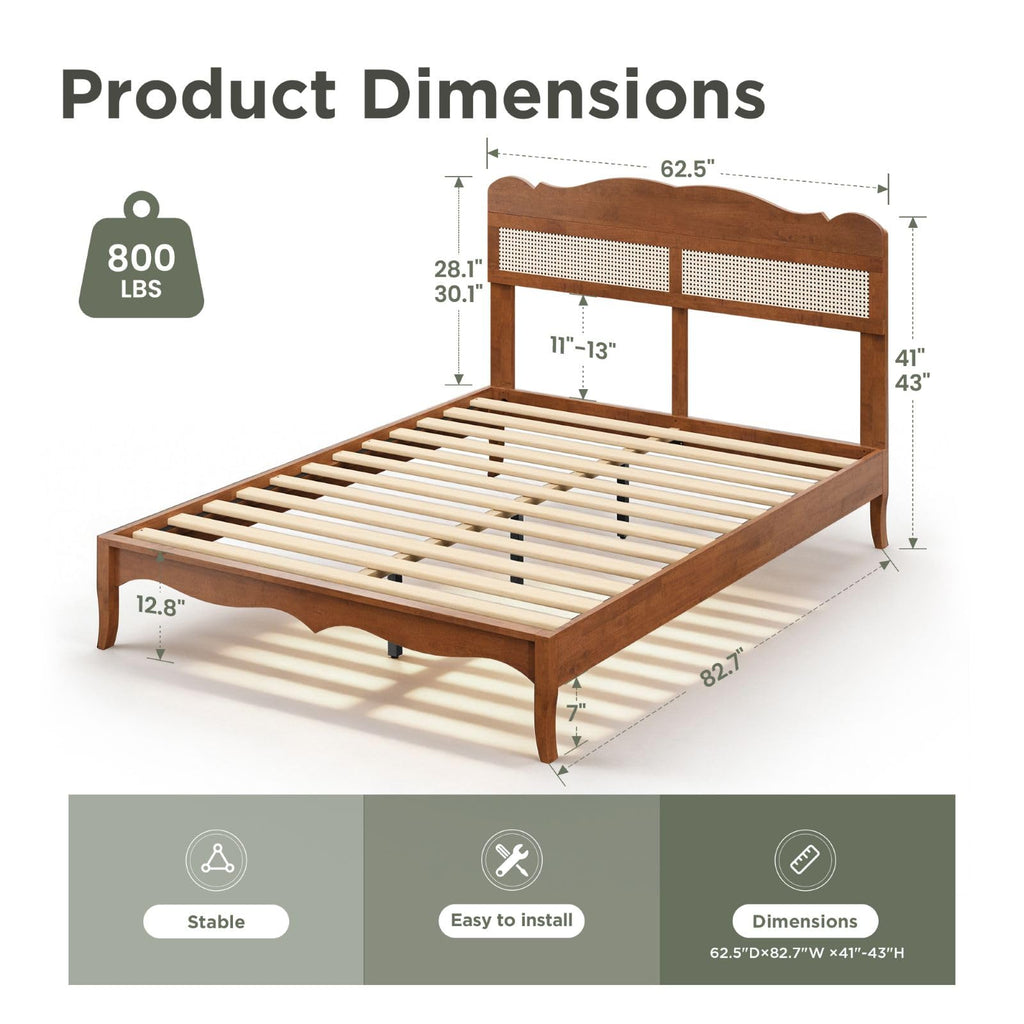 Queen Bed Frame with Headboard, Solid Wood Bedframe