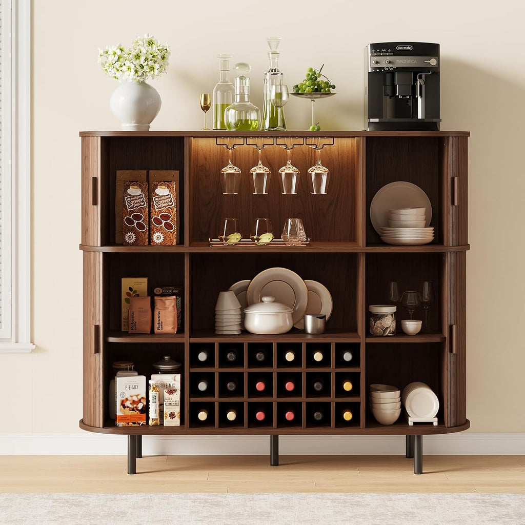 55" Fluted Wine Bar Cabinet with Power Outlet Walnut | Large Coffee Bar, Liquor Whiskey Cabinet, Home Bar, with LED