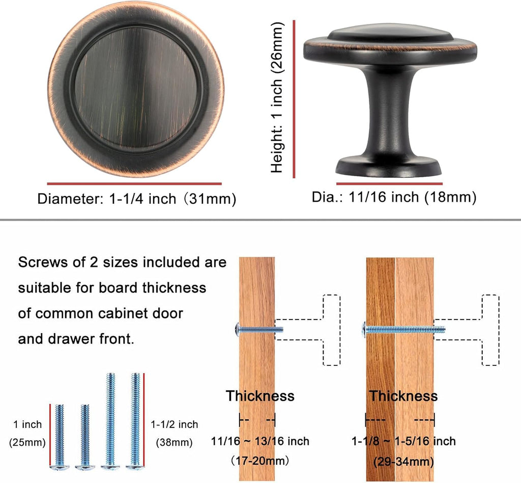 Round Cabinet Knobs Oil Rubbed Bronze Cabinet Pulls, Dia. 1-1/4 Inch, 10 Pack Bronze Drawer Knobs Cabinets 1960 Drawers