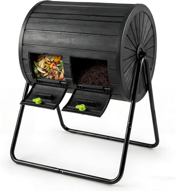 37.5 Gallon Outdoor Dual Chamber Compost Tumbler, Black | BPA-Free Rotating Composter with 2 Lockable Doors, Easy