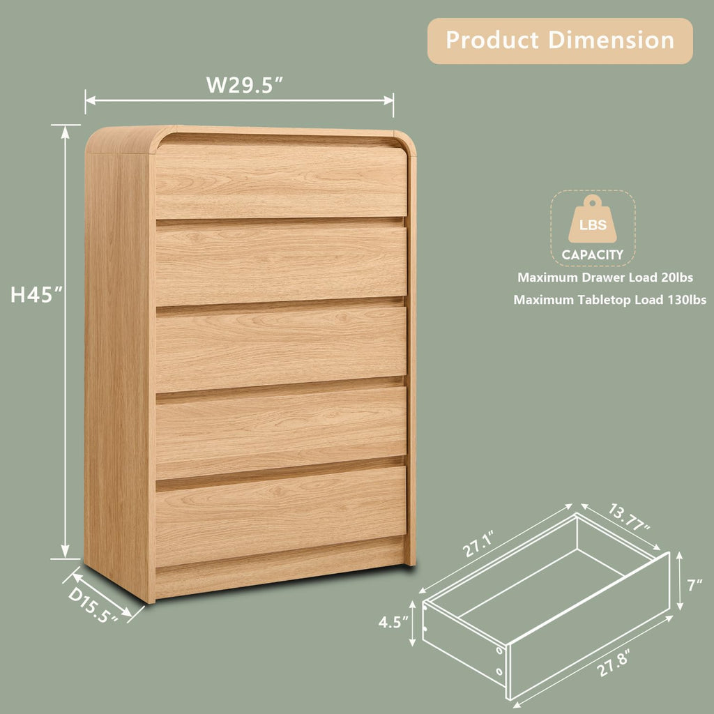Modern 5 Drawers Dresser, 45" Tall Dresser, Natural Oak