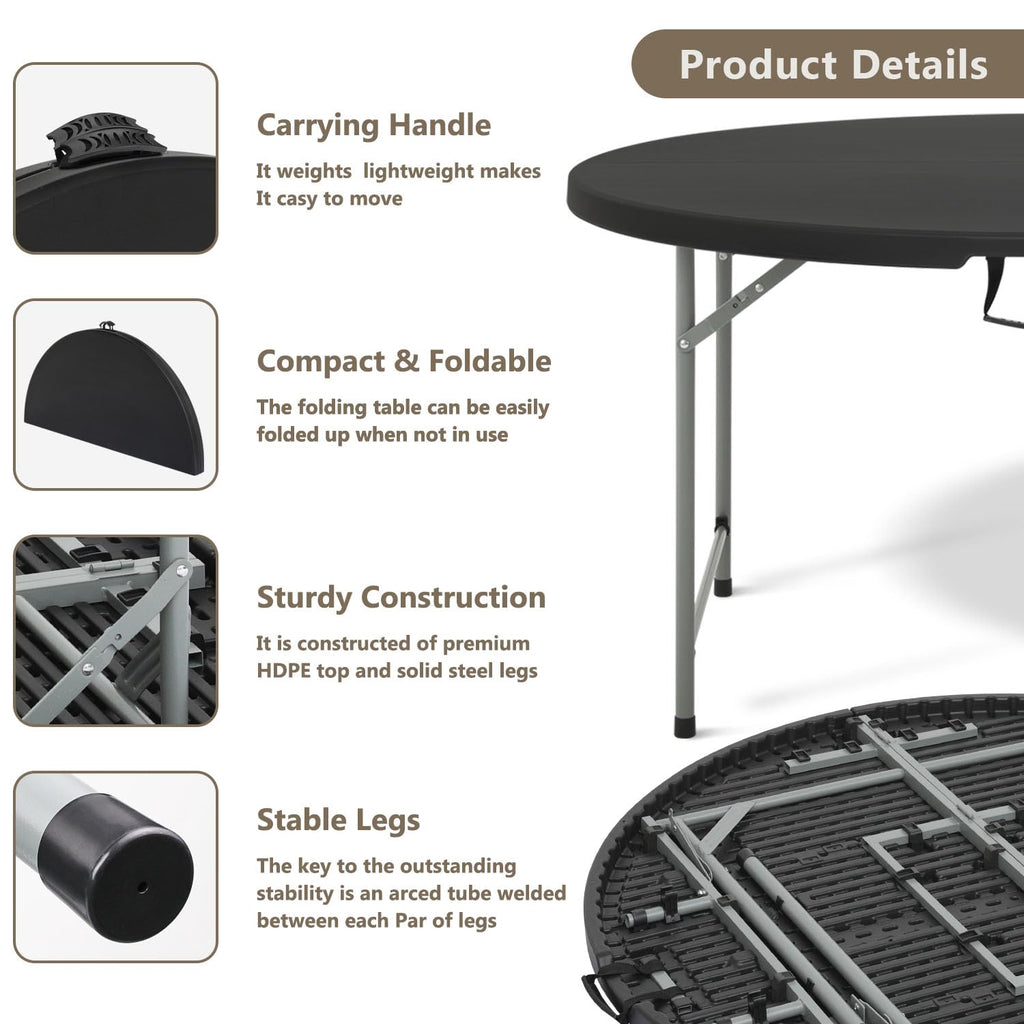 5.5ft Round Folding Table with Carry Handle, 66 Inch, Black