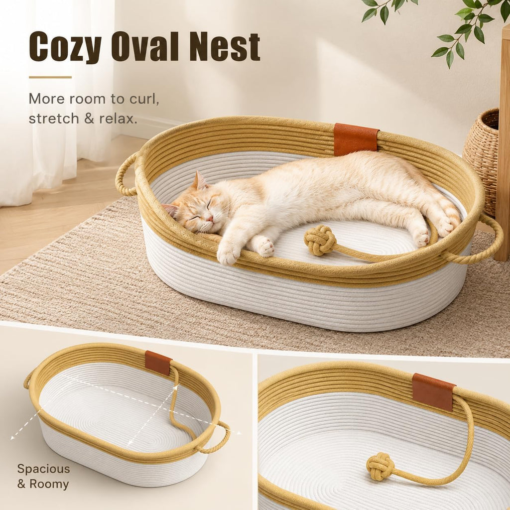 Handwoven Cotton Rope Cat Basket Bed, Oval Wicker Cat Bed with Toy Ball & Handles (L Size for Cats Up to 18