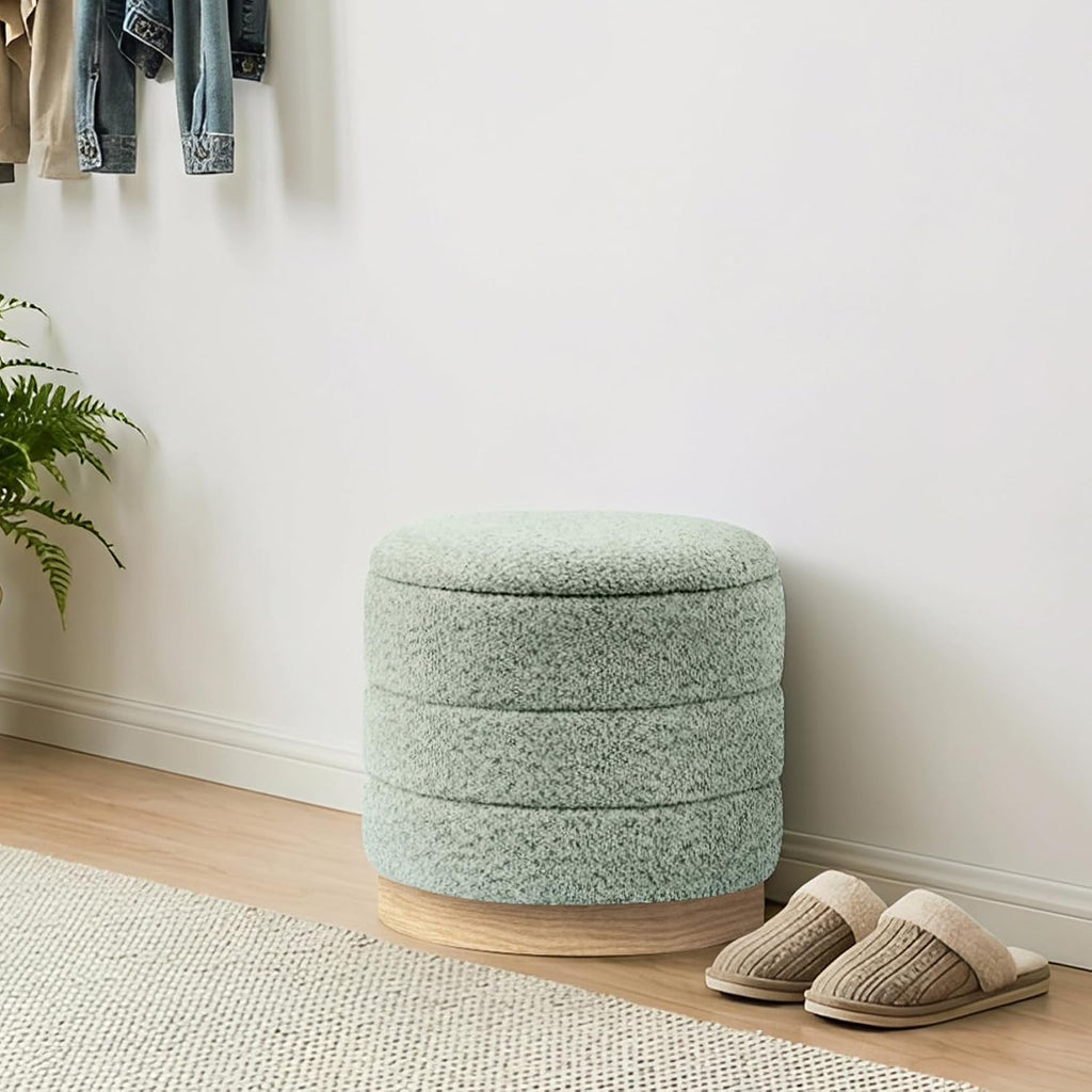 Round Storage Ottoman with Reversible Tray Lid, Folding Chenille Fabric Footrest with Hidden Storage, 15.4" Footstool