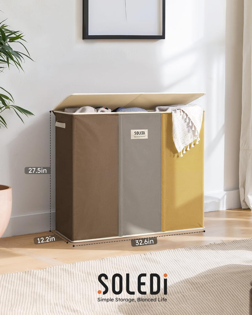 180L 3-Section Laundry Hamper with Lid, Extra Large Dirty Clothes Basket with Sturdy Handles for Laundry Room &