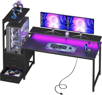 Gaming Desk w/PC Showcase Stand, 59" Reversible, RGB LED, Black | Elevated stand fits Lian Li O11, Hyte Y60. Triple