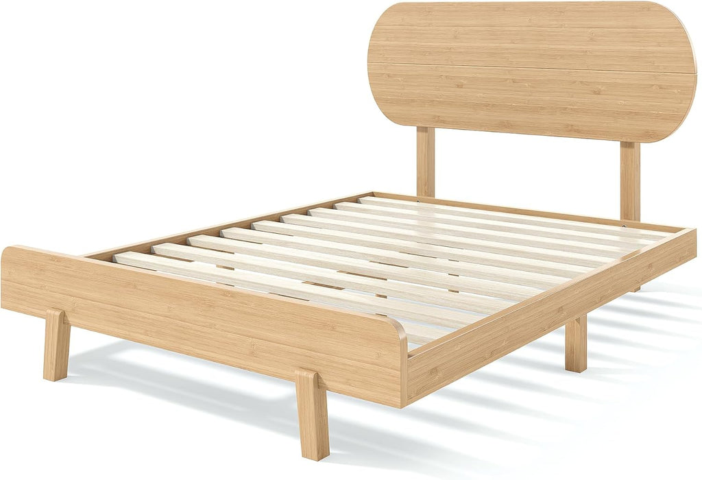 Full Bed Frame with Headboard & Low Footboard, Bamboo Full Size Bed Frame with Wood Slats Support 500LBS, Japanese