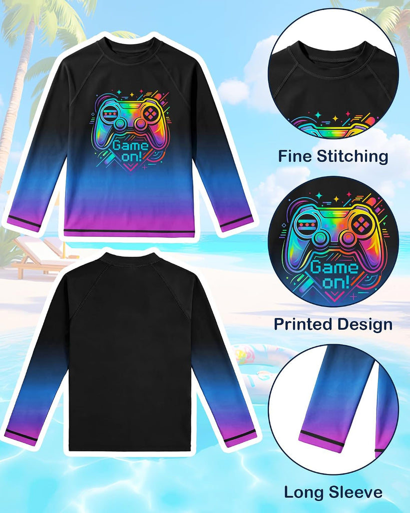 Boys Two Piece Rash Guard Swim Set Kids Long Sleeve Swimsuits with Swim Trunks Quick Dry Bathing Suit