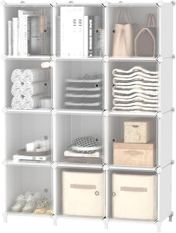 12 Cube Storage Organizer, Closet Storage Shelves with Doors, White | Portable Closet Organizers, DIY Stackable