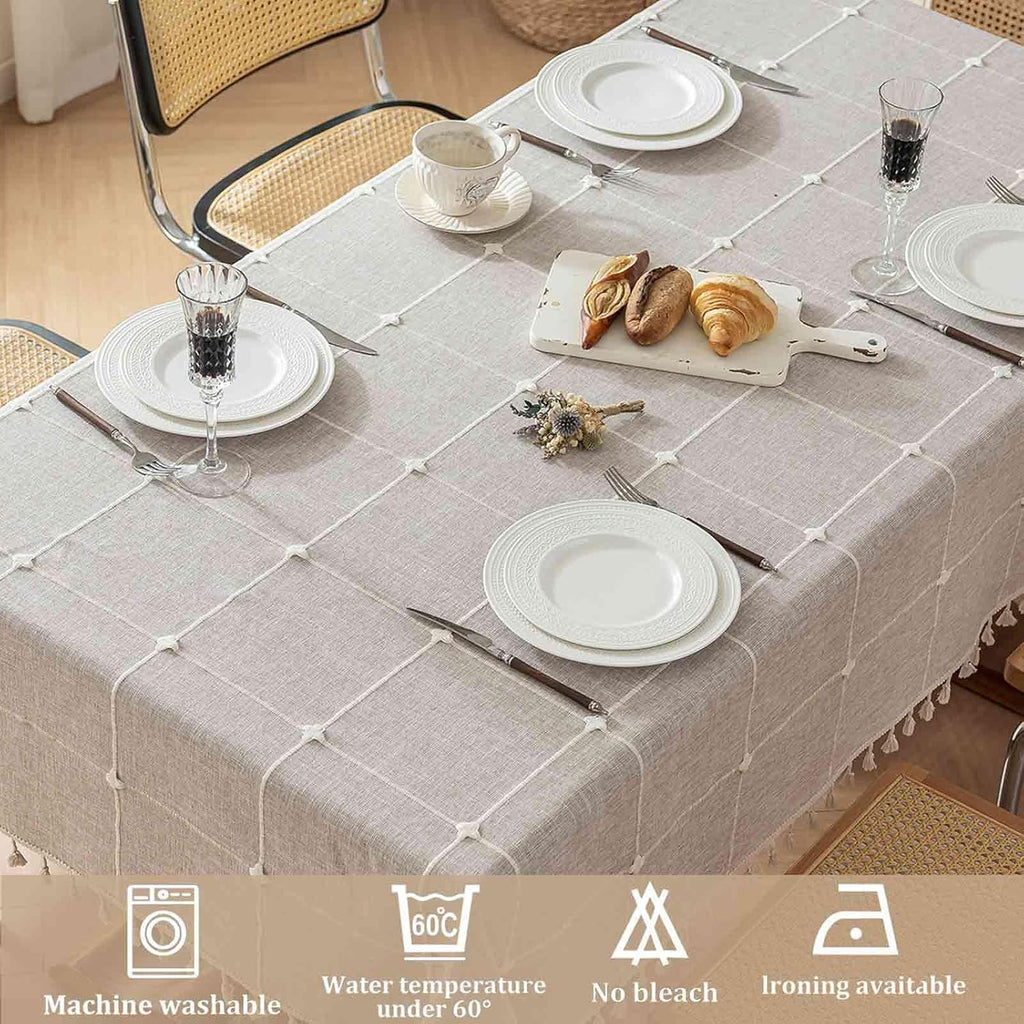 Rectangle Tablecloth Boho Grid with Tassels 55 x 84 Inch, Light Tan Embroidered Table Cloth Cover He