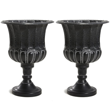 25" H. Metal Urn Planters 2-Pack - Black Traditional Classic Iron Plant Pots - Large Decorative Rustic Flower