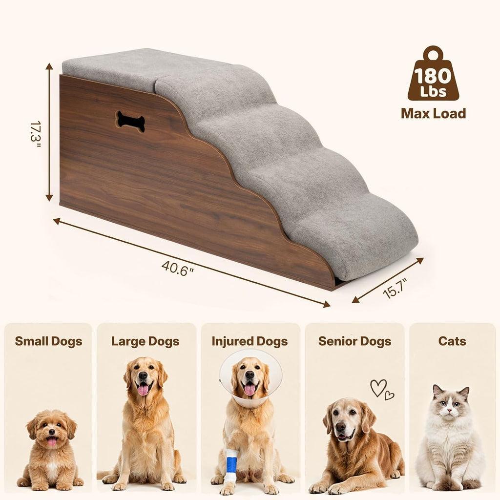 Dog Stairs for Bed Couch with Storage, 4-Step Wooden Dog Ramp 17''H