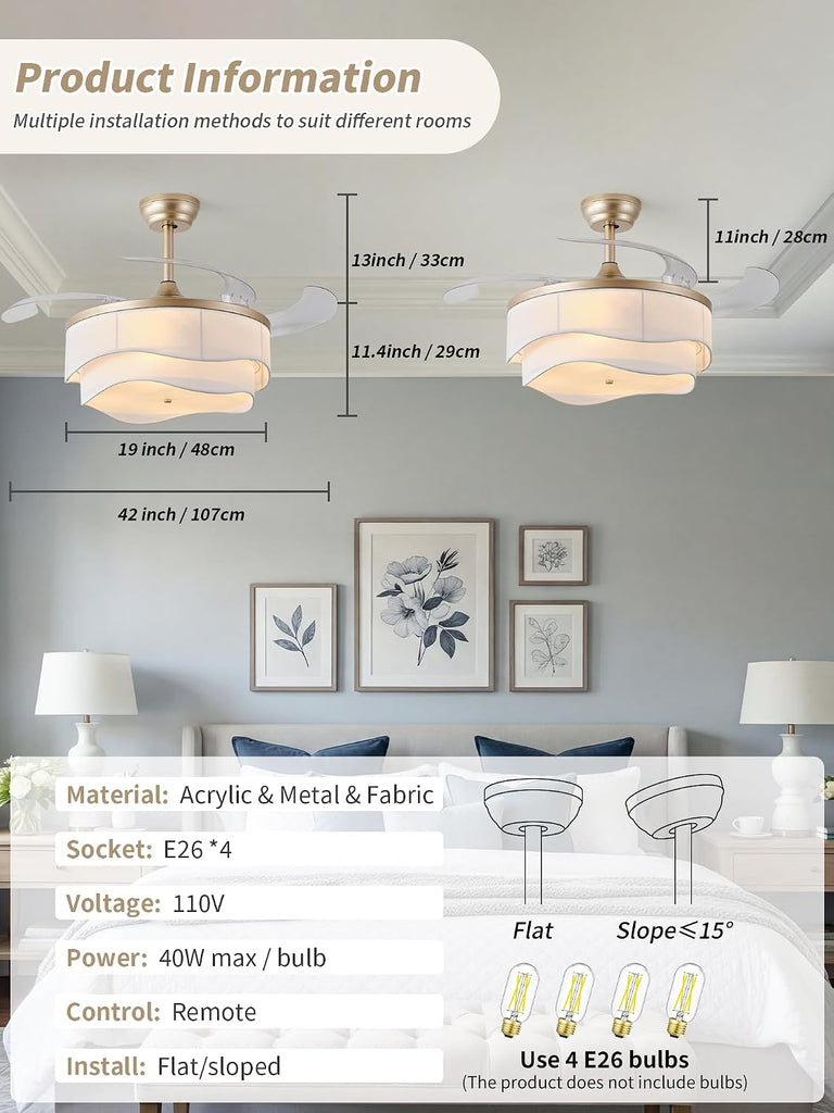 42" Gold Retractable Ceiling Fan with Light, Boho Fandelier Ceiling Fans Remote Control, Caged Chandelier with Fans