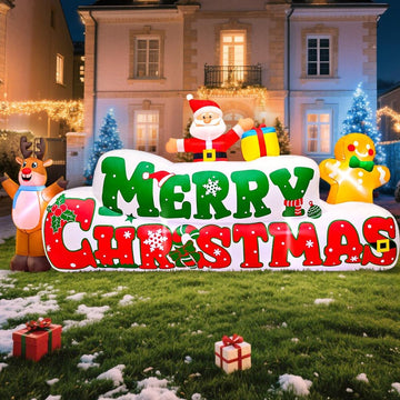 10FT Christmas Inflatables Outdoor Decorations Inflatable Merry Christmas with Santa Gingerbread Reindeer, Built in