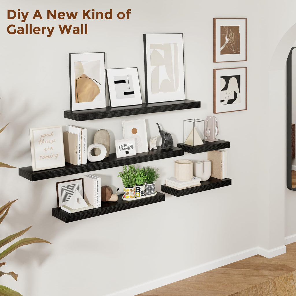 55 Inch Floating Shelves for Wall 8 Inch Deep Black Shelves Set of 2, Wall Mounted Rustic Wood Long Floating
