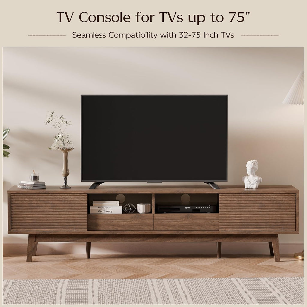 70" Mid Century Modern TV Stand for TVs up to 75 Inch, Low Profile Entertainment Center with Fluted Sliding Doors &
