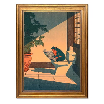 Vintage Gold Framed Bathroom Wall Art, Funny Japanese Frog Reading Newspaper on Toilet Pictures Wall Decor, Whimsical