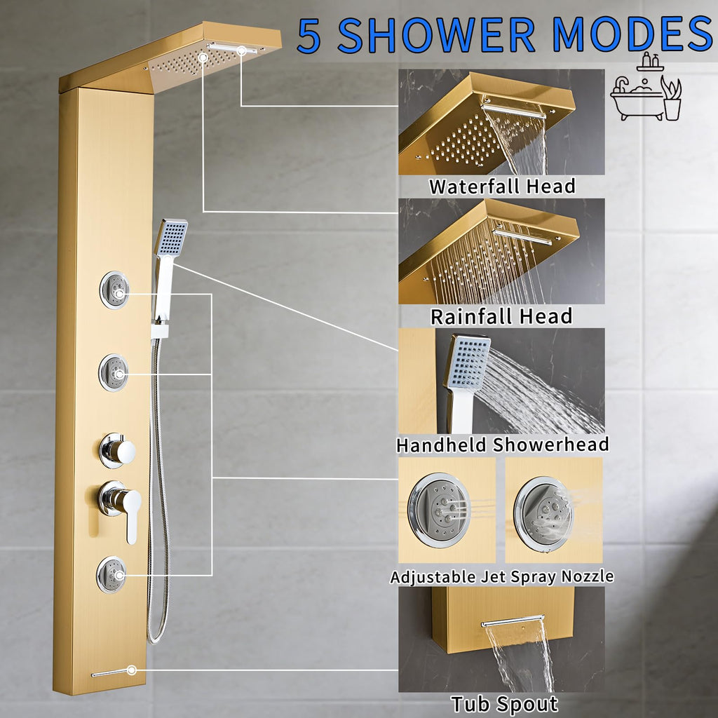 Multi-Function Shower Panel Tower System 6 in1 Shower Panel Tower with Powerful Body Massage, Rainfall