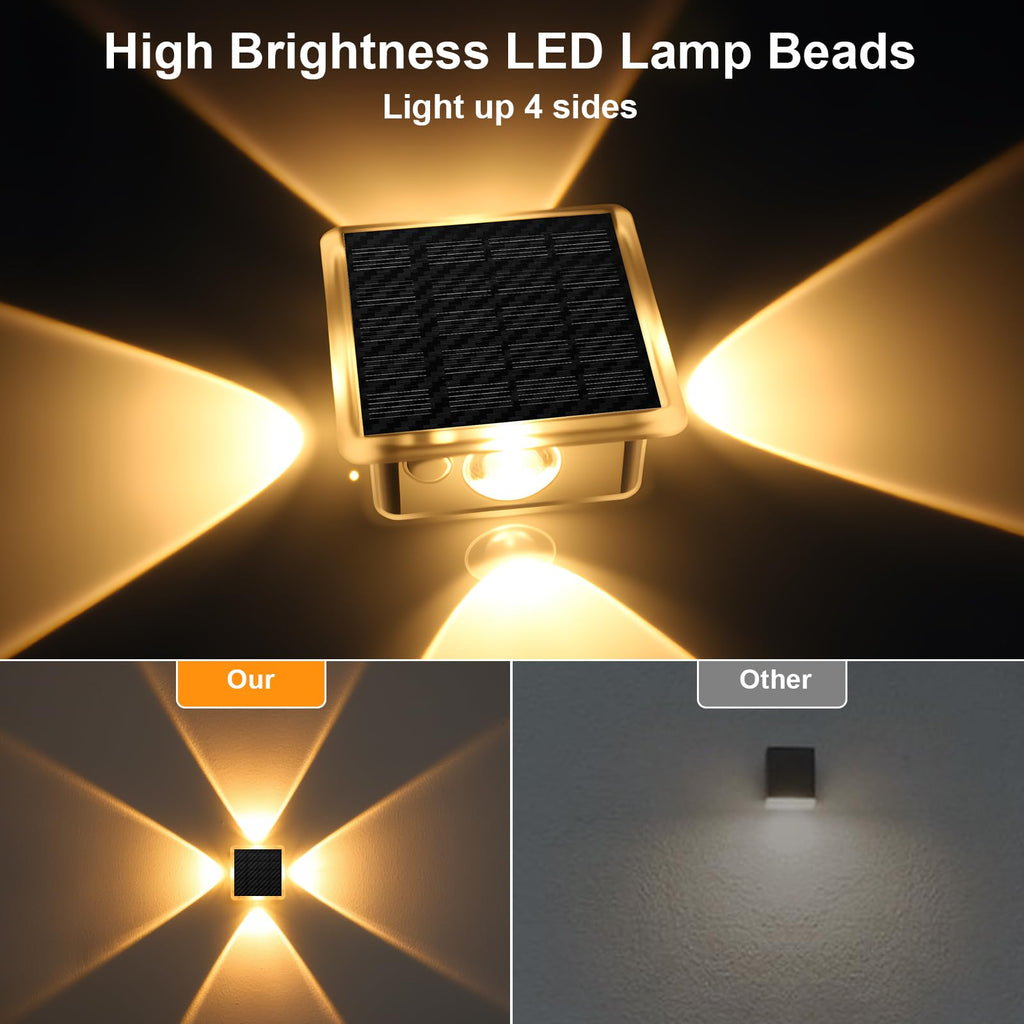 Solar Fence Lights Outdoor, New 4-Sided Lighting Wall Lights Solar Powered with 3 Modes 3000K 4000K 6000K, IP65