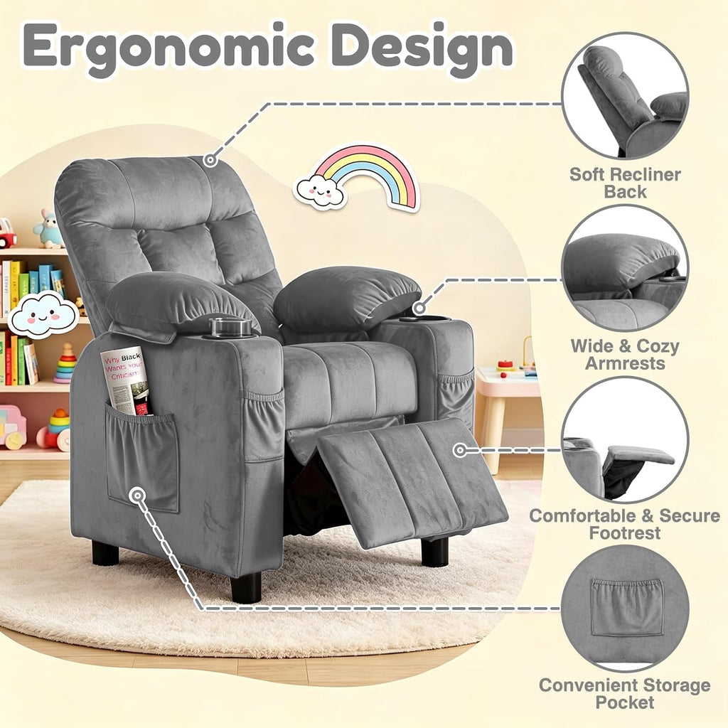 Kids Recliner, Toddlers Kids Recliner Chair with Cup Holder, Ergonomic Adjustable Velvet Lounge Chair with Footrest &