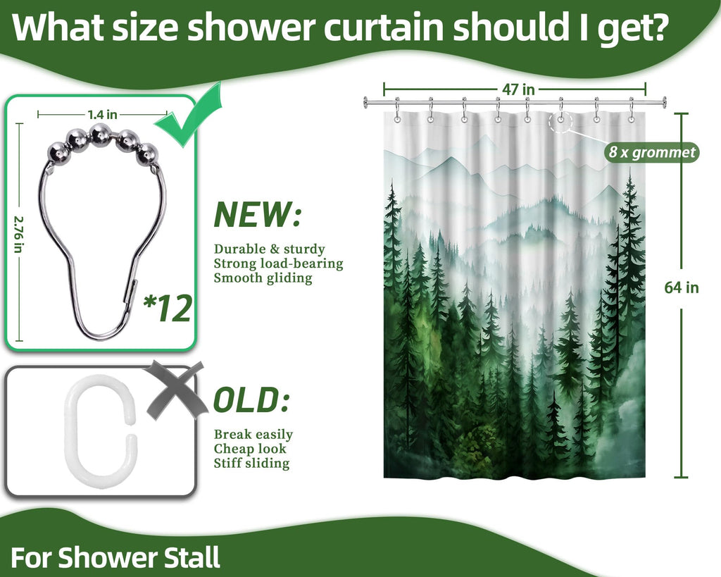 Dark Green and White Stall Shower Curtain, 47X64 in Narrow Small, Forest