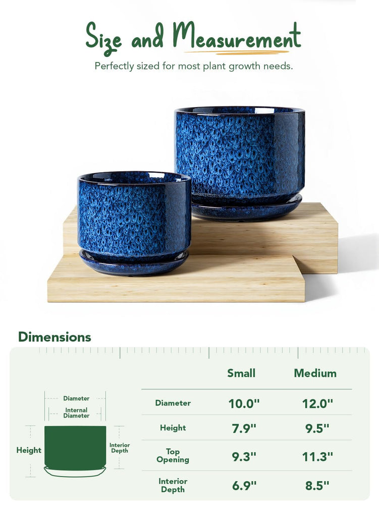 10 + 12 Inch Ceramic Plant Pots, Set of 2, Obsidian Blue