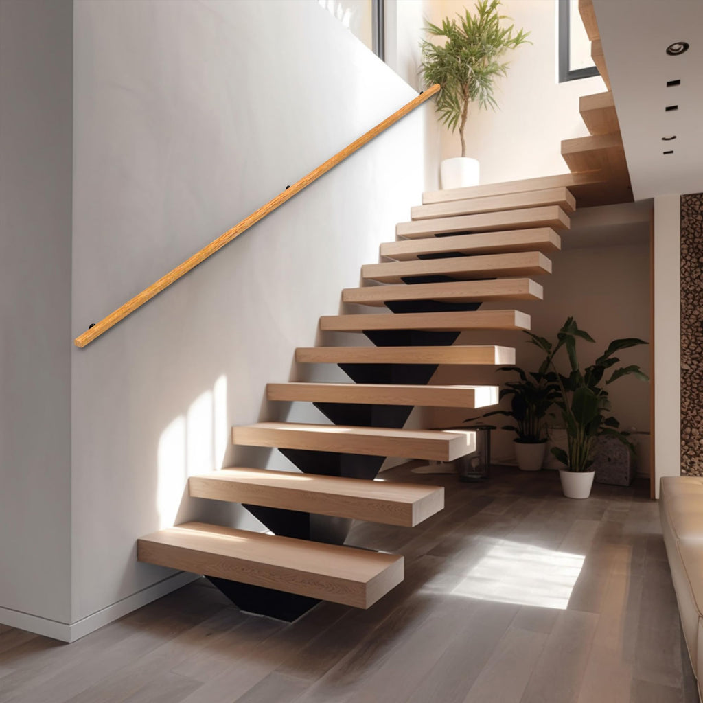 8FT Wood Stair Handrails Wall Mount, Hand Railings for Stairs Indoor Outdoor, Non-Slip Staircase Handrail for
