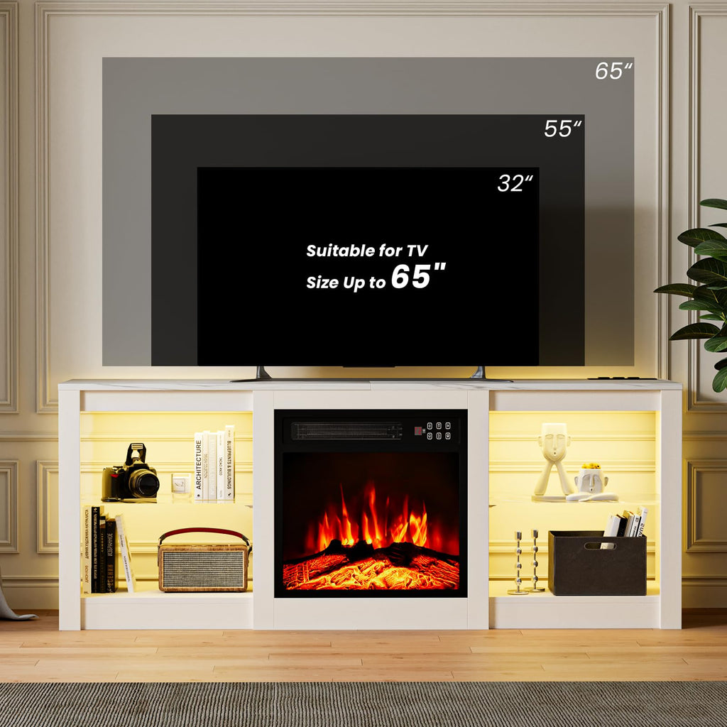 For 65" TV, TV Stand with 18" Electric Fireplace, Entertainment Center with Glass Shelves, LED Lights and Power