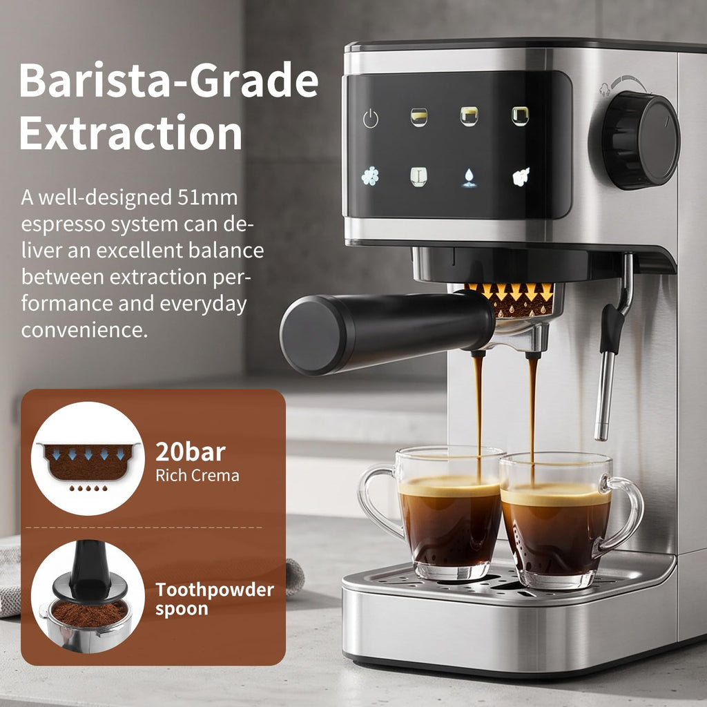 Espresso Machine 20 Bar, 1350W Instant Heating Coffee Maker with Stainless Steel Steam Wand & Touch Color Display