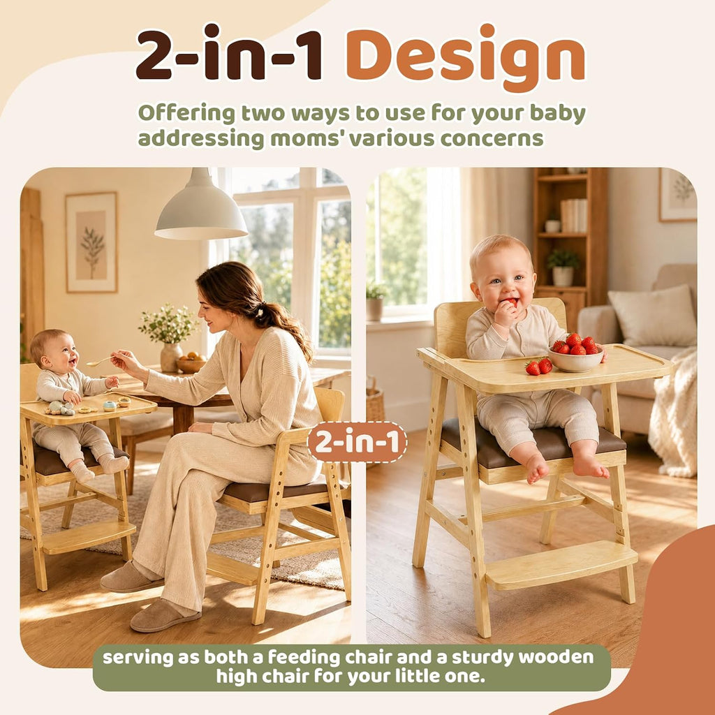 3-in-1 Wooden High Chair for Baby & Toddler with Adjustable Tray, Natural | Ergonomic Design, Built-in Foot Steps