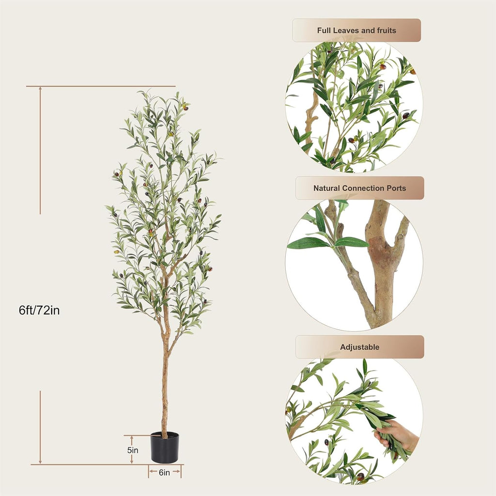 Faux Olive Tree 6ft,Olive Trees Artificial Indoor with Natural Wood Trunk and Realistic Leaves and Fruits. 6