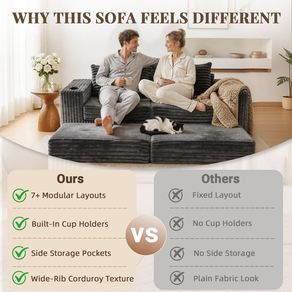 80" Cloud Modular Sectional Sofa, Boneless Corduroy Couch Sofa with Cup Holders & Side Pockets, L-Shaped Couch with