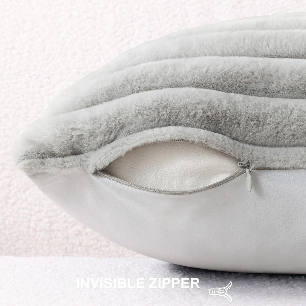 Faux Fur Decorative Throw Pillow Covers 16x16 Set of 2, Light Grey