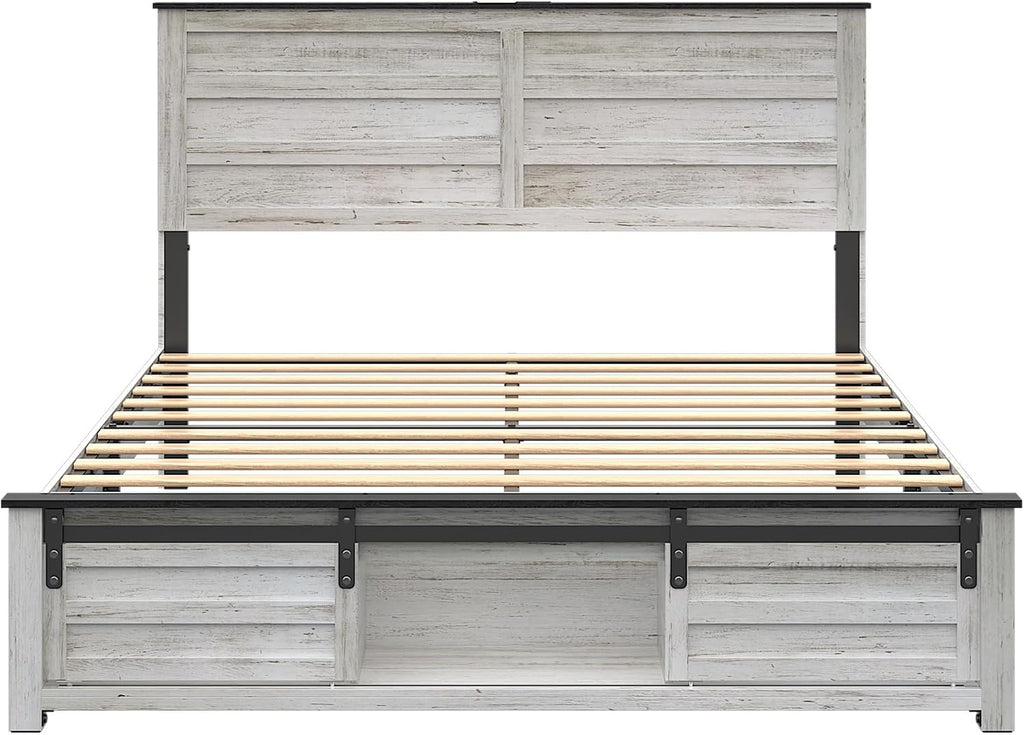 Wooden Bed Frame Queen with Headboard & Sliding Barn Door Storage Footboard, Farmhouse Platform Bedframe with