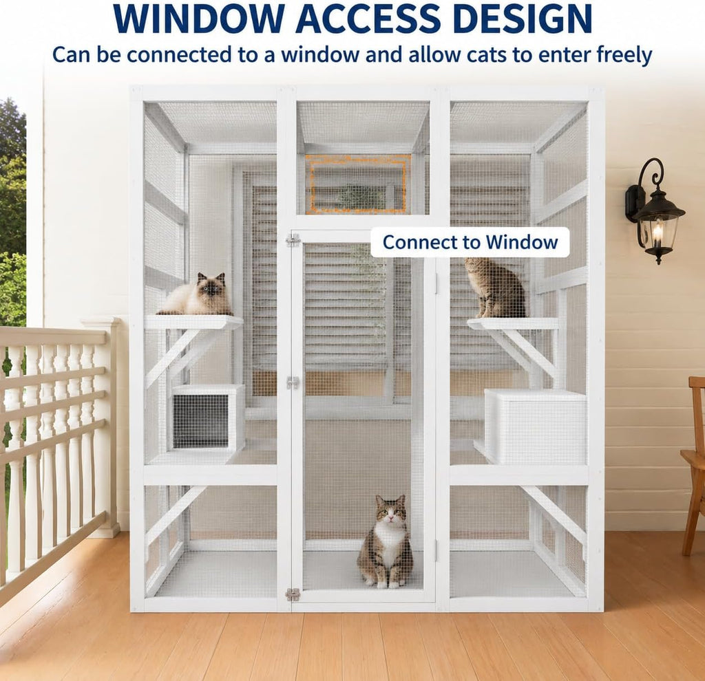 70" Large Catio Indoor Cat Enclosure, Wooden Patio Cat House, White